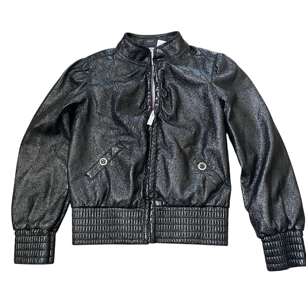 Disney Hannah Montana Girls Black Metallic Faux Leather Bomber Jacket Size 6/6X